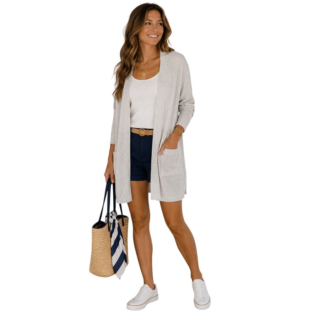 DONNI Women's Gray White Stripe Open Front Cardigan One Size NWT Pockets